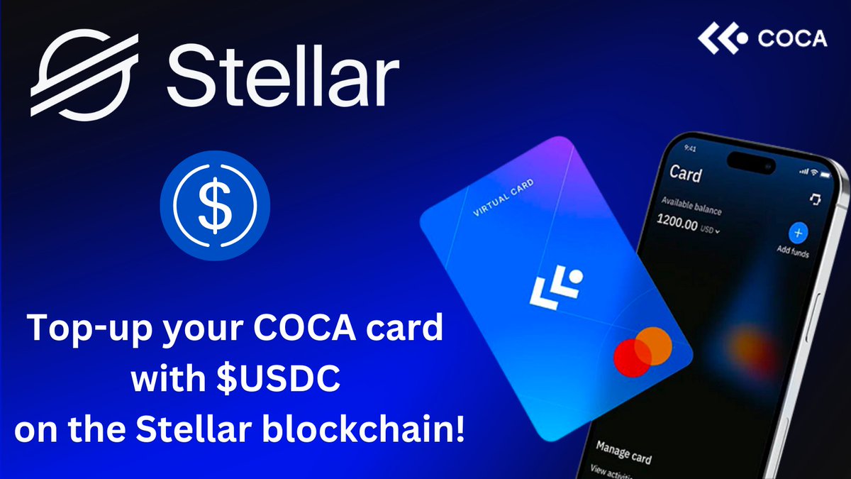 coca_card's tweet photo. 🚀 From Stellar to the store in seconds! 🚀

Top up your COCA Card with $USDC on the lightning-fast Stellar network ⚡ and pay seamlessly at millions of merchants worldwide. 🛍️

Experience the future of payments with COCA Wallet. #COCAwallet #Stellar #USDC #CryptoPayments @StellarOrg