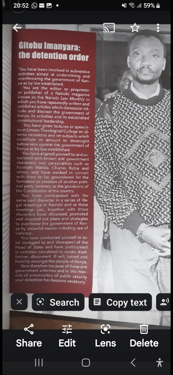 GitobuImanyara's tweet photo. On this day 34 years ago I was served with a detention order at Nyayo House and locked up in the notorious basement torture chambers. I am happy to have survived to witness the young GenZ warriors carry on the torch of freedom. The price of freedom is eternal vigilance. https://t.co/0vgEZSxbS4