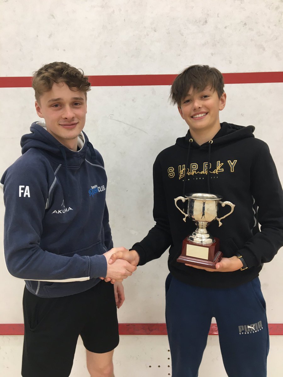 Shropshire Squash Club championships winner Billy gets his trophy from junior coach Fin.
Lucy Chanter won the girl, other winners were Oscar Ewels and Fred Schur.
Great squash all round.