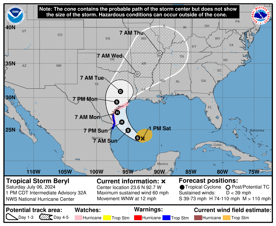 RogerESowell's tweet photo. Where exactly is #STNP Nuclear power plant in Texas? Right in the middle of the pink zone, the hurricane #Beryl watch zone. Photo from National Hurricane Center. We won’t know yet for a few more hours if the vaunted nuclear plant reactors get shut down for safety.
Meanwhile, just watch the wind turbines go in these winds!!!