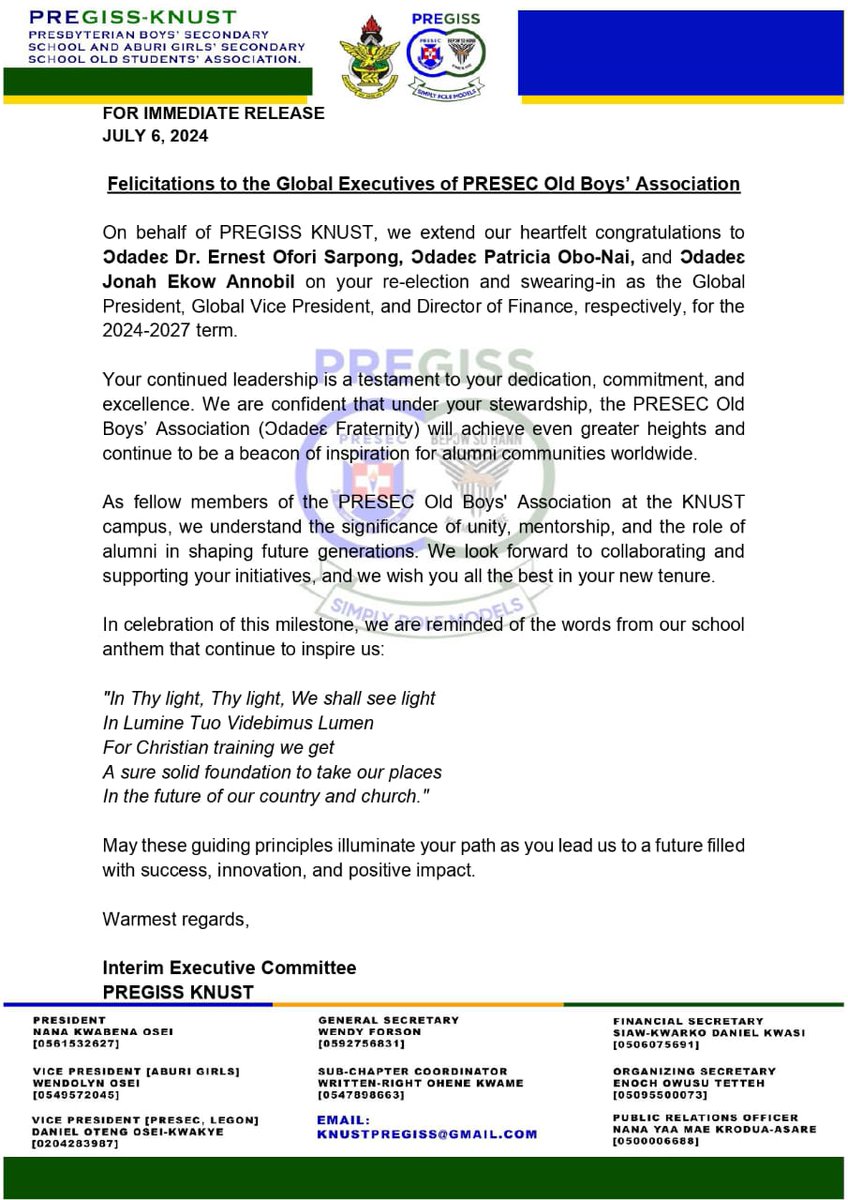 pregiss_knust's tweet photo. Heartfelt congratulations to our newly elected Odade3 global executives💙!
  We celebrate your achievement and look forward to your leadership in driving positive change and growth.

Warmest regards,
PREGISS KNUST. https://t.co/T4UPei7DD5