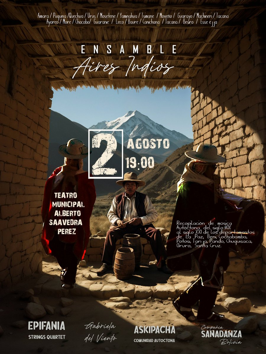 RolandoArchi's tweet photo. Queridos amigos,

Les quiero compartir una aventura apasionante en la que estamos
¡Nos vemos el 2 de agosto!
#ArmoníasRurales #AiresIndios #MúsicaAutóctona #FusiónSinfónica #CulturaBoliviana #ConciertoLaPaz #SanadanzaBolivia #EpifaníaStringsQuartet #Askipacha #GabrielaQuinteros https://t.co/E5oQsaUJ7v