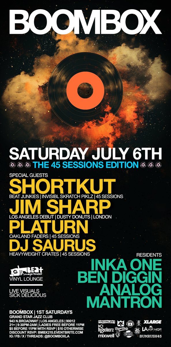 BoomboxLA's tweet photo. [TONIGHT] it's time! BOOMBOX 45s EDITION with @The45Sessions featuring 7" 45rpm vinyl sets from @SHORTKUT + @JIMSHARPUK [L.A. Debut] + PLATURN + DJ SAURUS + the Boombox Soundsystem + a Beat Swap Meet vendor lounge!! RSVP 4 discount. ayyye!
DISCOUNT RSVP: https://t.co/IAU8cHabQ3 https://t.co/QNjf38Q2FB