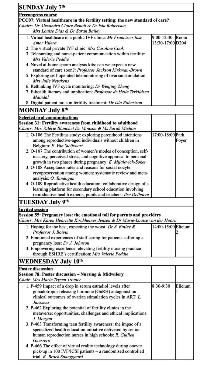 Hi everyone💫

We are looking very much forward to see you tomorrow at our PPC “Virtual Healthcare in the fertility setting: the new standard of care?” 

See below time and place for our other activities arranged by the SIG🤩👉🏻
#eshre #annualmeeting #SIG #nursesandmidwives