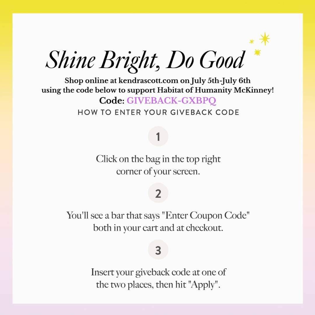 Today is the day! Join us at Kendra Scott in Allen between 4:00 P.M. and 6:00 P.M. for a special event! Come shop and support Collin County Habitat for Humanity. See you there!

#KendraScott #AllenTX #SupportHabitat #ShopForACause #CollinCountyHabitat