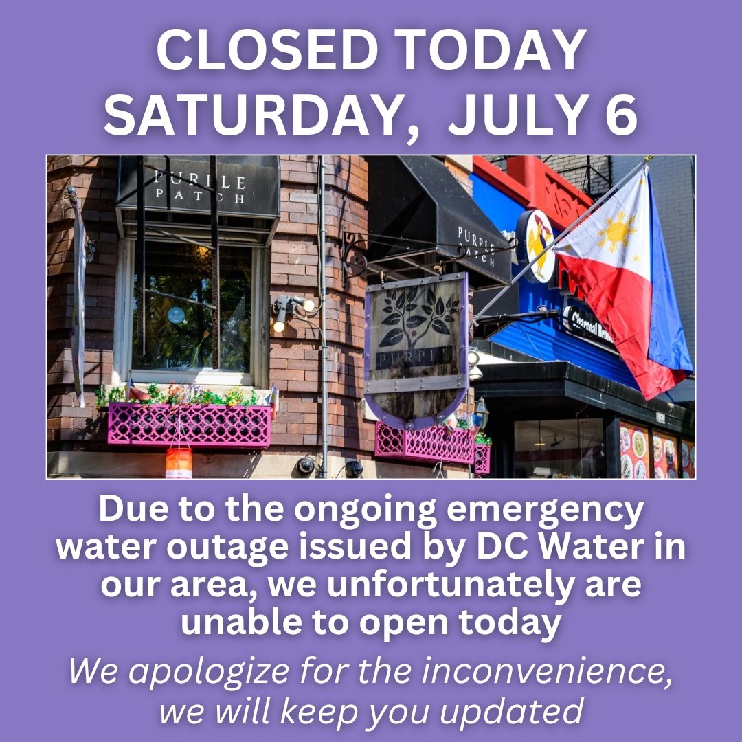 🚨 We're sorry, everyone. We will not be able to open today, Saturday, July 6, due to the ongoing emergency water outage issued by <a href="/dcwater/">DC Water</a>. We will keep you informed. Hope to see you sooner than later!