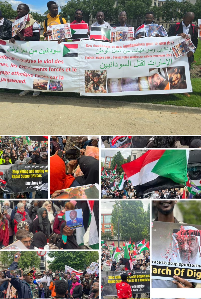 saeneen's tweet photo. Marches against the UAE intervention in Sudan in Europe and condemn the killing and displacement of Sudanese.

Honorable Sudanese abroad organized this afternoon, Saturday, July 6, massive marches and demonstrations in a number of British, French, and German cities in support of the Sudanese people who are suffering from killing, bombermen, famine, displacement, and displacement carried out by gangs of RSF militia mercenaries, the latest of which are the cities and villages of Sennar State in Jazira and El Fasher in Darfur which are subject to continuous siege and bombardment. 

A number of activits addressed the crowds, community notables, academics and specialists in the fields of human rights and war crimes, calling on the Sudanese people in diaspora to not let off Emirate to get away it's crimes in Sudan. The demonstrations were held in the cities;  Manchester, Paris, Oxford and Hanover, raising banners and slogans in support of their armed forces and denouncing the external support that the RSF Militia receives, especially from the Emirates, which has not stopped supporting it for a single moment. The RSF militia continues to use Emirati's support from weapons and money to bring more mercenaries in its clear direction, which is aimed to subjugate the will of the Sudanese people. The demonstrators also affirmed their steadfast support for their armed forces until the last soldier protecting Sudanese soil, and called on European governments to take a supportive stance for the Sudanese people against these violations.