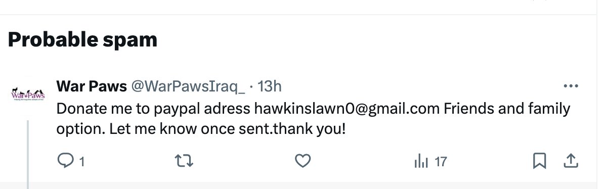 Some vile scammer has set up an X account using our logo and with the name <a href="/WarPawsIraq_/">War Paws</a> 
They have blocked us from being able to see their fake account.  Please note that we will NEVER ask anyone to donate to a personal paypal address! Please report the account as fake!