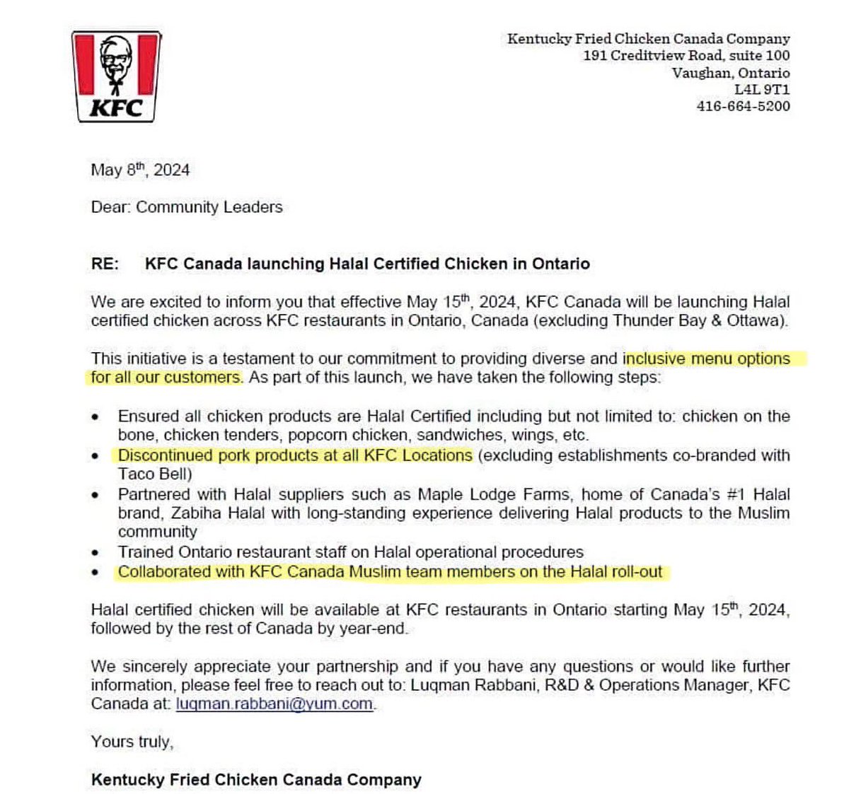 nonhalalca's tweet photo. BREAKING: KFC Canada changes entire menu to HALAL only and also REMOVES PORK from the menu. 

In a public statement, KFC Canada states that after collaboration with only the “MUSLIM TEAM members” at KFC Corporate Canada, they have decided to switch to fully halal while also removing pork from their menu. 

There was ZERO consultation with KFC’s “Sikh team”, Sikh/non-Muslim employees, the broader Sikh community, and non-Muslim communities. Sikhs in particular, cannot eat halal slaughtered meat! Stay tuned. More to come…. 🇨🇦
