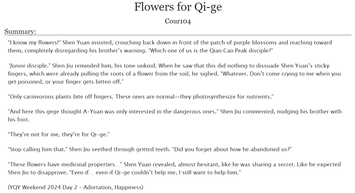 Cour102's tweet photo. Just posted my fic for day 2 of #YQYWeekend!

Today's prompt was Adoration/Happiness, so I wrote about the Shen brothers picking some flowers for their Qi-ge🥰

#shenyuan #shenjiu #yueqingyuan #svsss https://t.co/aF0rDDoDrM