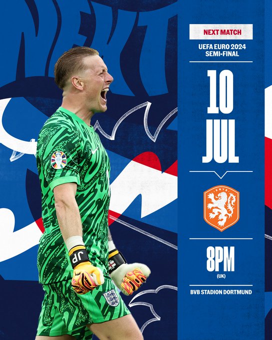 England will play the Netherlands in the EURO 2024 semi-final on Wednesday 10 July, 8pm KO (UK). 