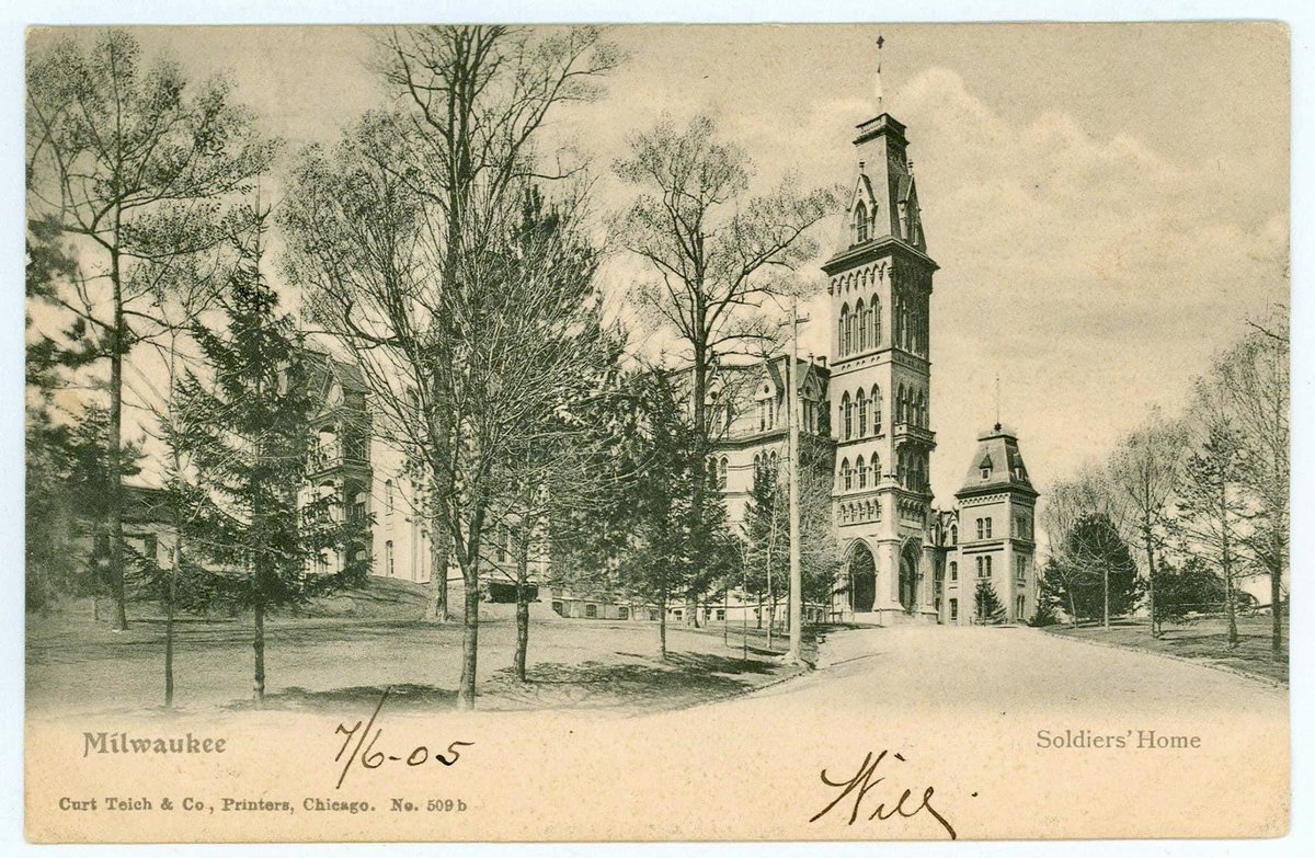 The Milwaukee Soldiers Home was built in 1867 as a place of healing for Civil War veterans. Many of the original buildings still stand on the grounds of what is now called the Zablocki VA Center, lovingly restored and still in use.  Postcard, July 6, 1905 from LOC