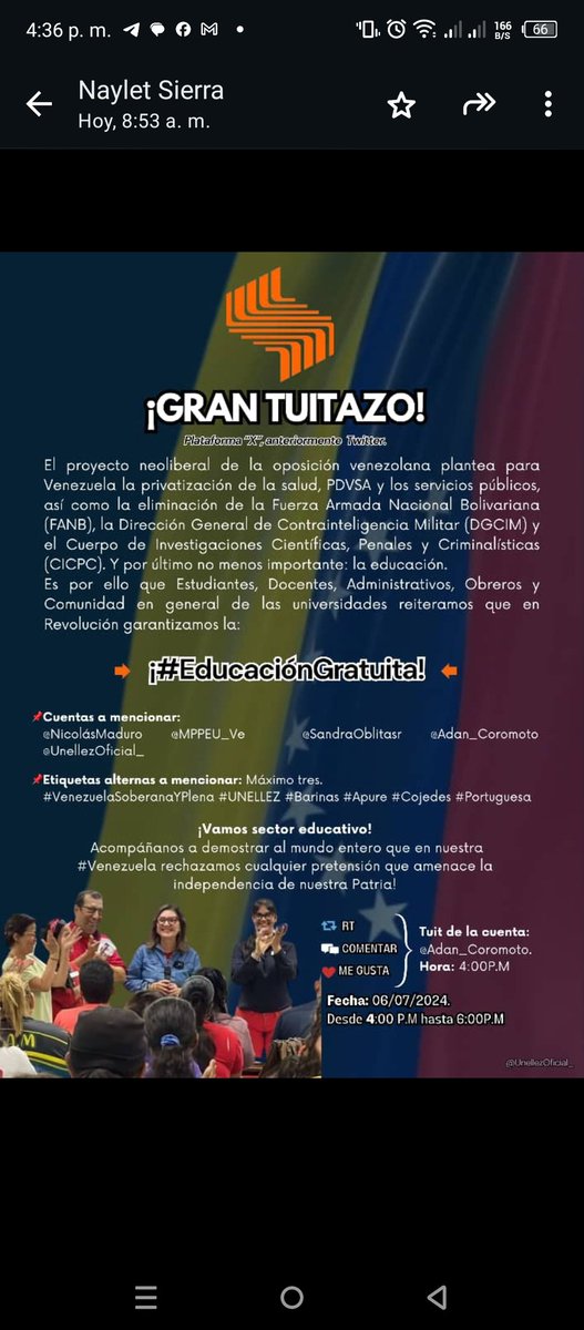 LuisRosales_6's tweet photo. La *UNELLEZ* repudia la privatización de la Educación, es una propuesta de la ultraderecha. Estudiantes, administrativos, obreros y jubilados del #VPDS, #VPA, #VPDR #VIPI La Educación es un legado de la revolución
@Adan_Coromoto
@UnellezOficial_
@NicolasMaduro https://t.co/Z0jsly1zLw