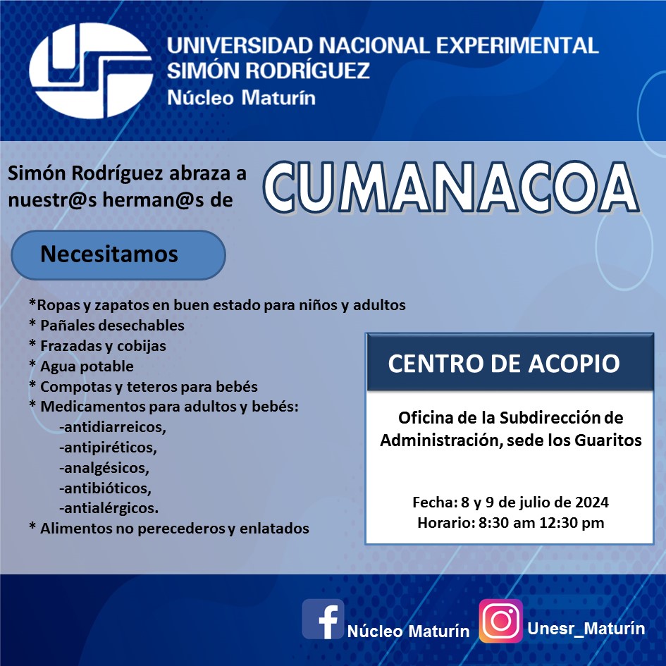 📍| 𝐔𝐍𝐈𝐕𝐄𝐑𝐒𝐈𝐃𝐀𝐃 𝐍𝐀𝐂𝐈𝐎𝐍𝐀𝐋 𝐄𝐗𝐏𝐄𝐑𝐈𝐌𝐄𝐍𝐓𝐀𝐋 𝐒𝐈𝐌𝐎́𝐍 𝐑𝐎𝐃𝐑𝐈́𝐆𝐔𝐄𝐙

 Estaremos brindando una mano amiga y solidaria para apoyar a las familias damnificadas producto de las inundaciones tras el paso del Huracán Beryl.
#VenezuelaSoberanaYPlena