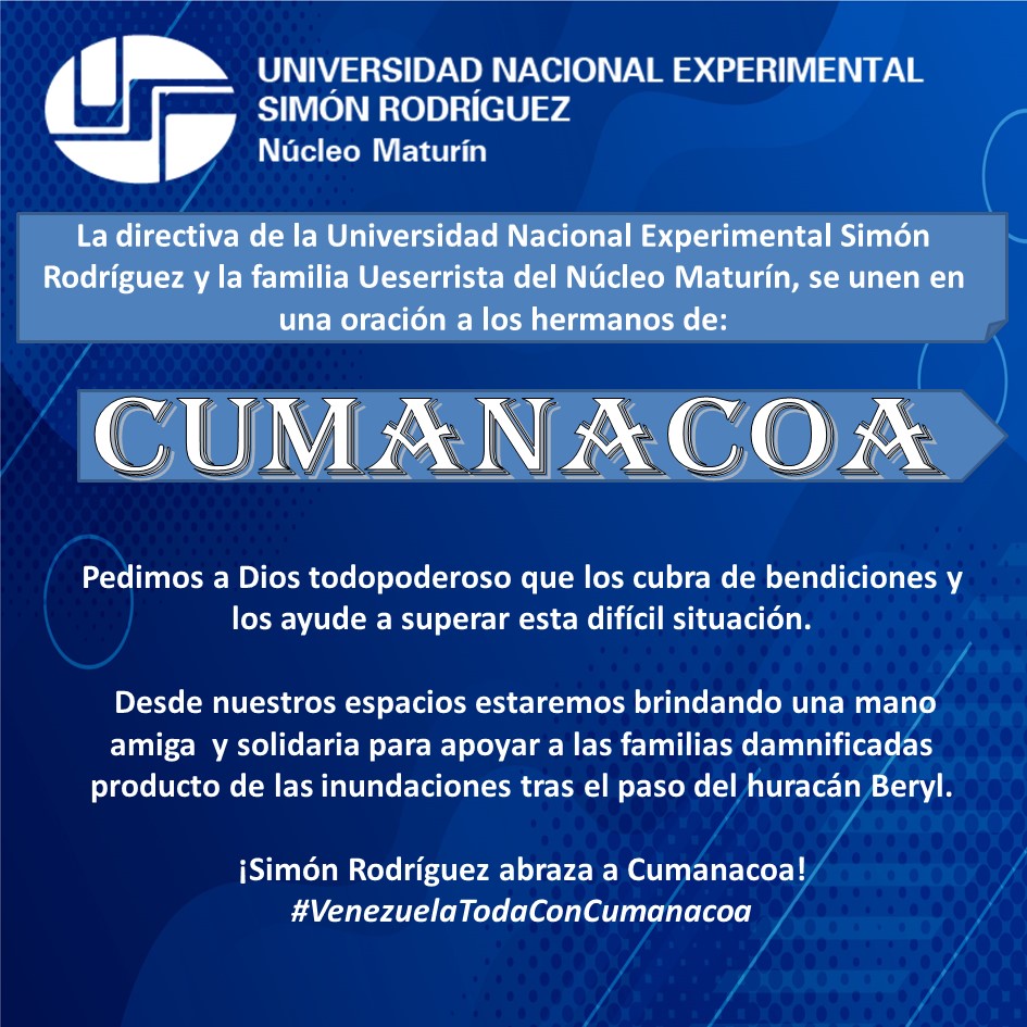 CeguMonagas's tweet photo. 📍| 𝐔𝐍𝐈𝐕𝐄𝐑𝐒𝐈𝐃𝐀𝐃 𝐍𝐀𝐂𝐈𝐎𝐍𝐀𝐋 𝐄𝐗𝐏𝐄𝐑𝐈𝐌𝐄𝐍𝐓𝐀𝐋 𝐒𝐈𝐌𝐎́𝐍 𝐑𝐎𝐃𝐑𝐈́𝐆𝐔𝐄𝐙

 Estaremos brindando una mano amiga y solidaria para apoyar a las familias damnificadas producto de las inundaciones tras el paso del Huracán Beryl.
#VenezuelaSoberanaYPlena https://t.co/NfScNVavub