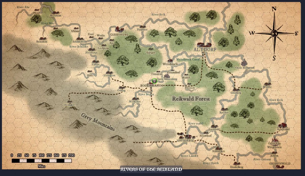 RedDiceDiaries's tweet photo. The slightly better version of my Reikland River Crawl map (produced in #Wonderdraft) for my #TheEnemyWithin campaign, probably not 100% accurate according to the lore but there you go.

#RedDiceDiaries #WFRP #WFRP4E #TTRPG #RPG #OSR https://t.co/sYJnjhQLjE