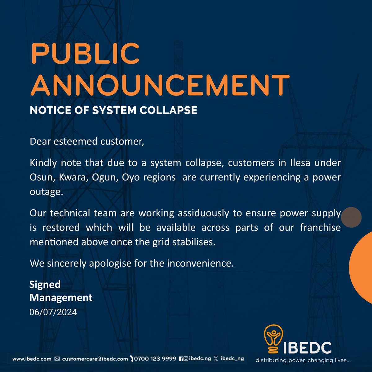IBEDC_NG's tweet image. Public Announcement: Notice of System Collapse
#SystemCollapse #PowerOutage #GridRestoration #ElectricitySupply