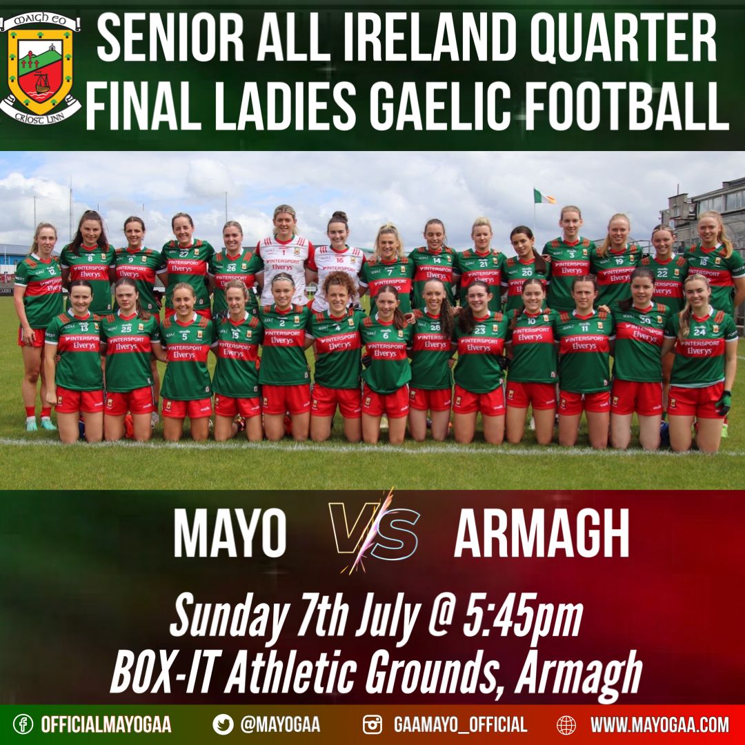 Wishing the Mayo ladies team and management the best of luck against Armagh tomorrow evening. 🟢🔴 

Live on Sport TG4  at 5.45pm

🎟️ Tickets details below ⬇️⬇️⬇️ universe.com/events/tg4-sen…