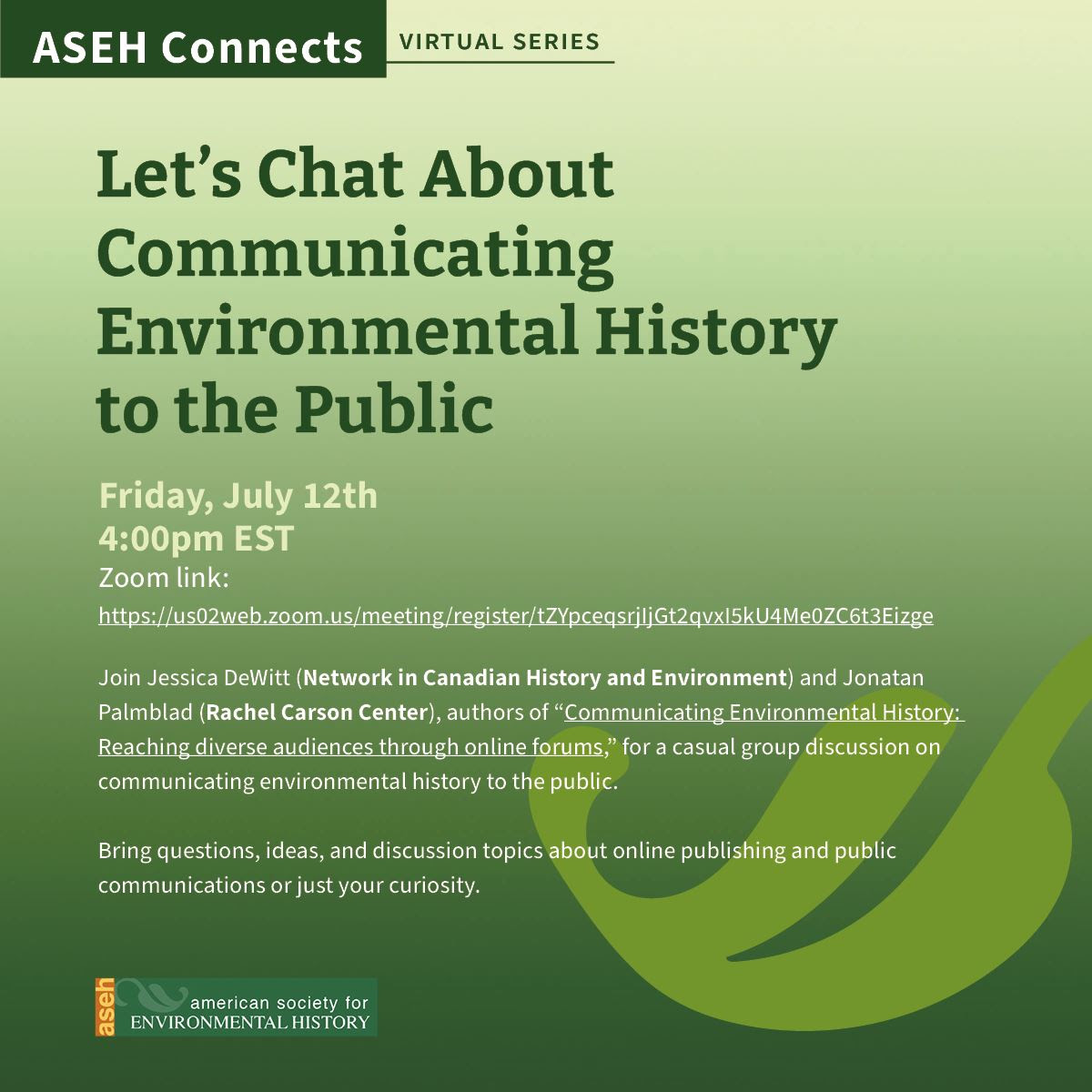Dr. Jessica DeWitt (@jessicamdewitt) on Twitter photo Come hang out with <a href="/jontepalmblad/">Dr. des. Jonatan Palmblad</a> and I digitally this upcoming Friday, 4pm EDT. We're gonna shoot the breeze about communicating #envhist to the public. Bring your questions, ideas, & discussion points.
Part of ASEH Connects - <a href="/ASEH_org/">American Society for Environmental History</a>
Register: us02web.zoom.us/meeting/regist… Come hang out with <a href="/jontepalmblad/">Dr. des. Jonatan Palmblad</a> and I digitally this upcoming Friday, 4pm EDT. We're gonna shoot the breeze about communicating #envhist to the public. Bring your questions, ideas, & discussion points.
Part of ASEH Connects - <a href="/ASEH_org/">American Society for Environmental History</a>
Register: us02web.zoom.us/meeting/regist…