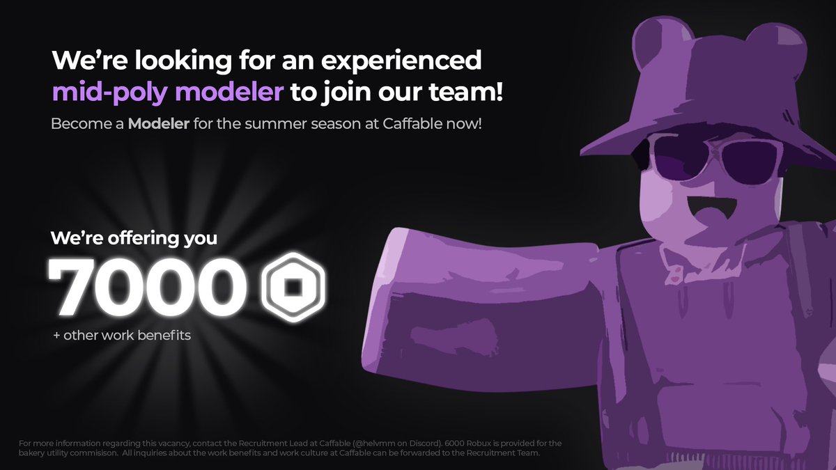 RoCaffable's tweet image. An awesome opportunity for all the #RobloxDev modelers out there! 👀
We're looking for a modeler to model some bakery utilities for us. For more information, contact our recruitment team.
Tag your talented modeler friends below 👇
#robloxhiring #roblox