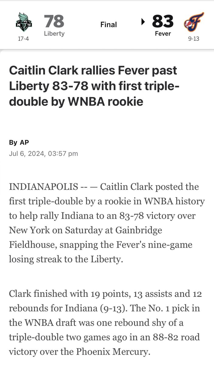 Dernières au classement l’an dernier, le Fever a vaincu le Liberty (17-3 avant le match) aujourd’hui.  Et ⁦<a href="/CaitlinClark22/">Caitlin Clark</a>⁩ a livré un grand match devant une autre salle comble à Indianapolis. La progression est remarquable.