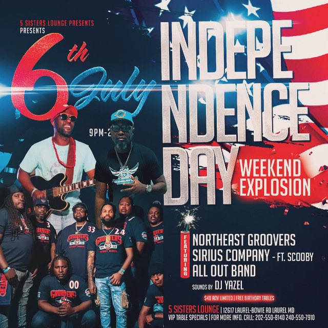 thyselfbtru's tweet image. TONIGHT!!! 5S LOUNGE PRESENTS
INDEPENDENCE WEEKEND
EXPLOSION

TONIGHT, JULY 6
9PM-2AM
FEAT :
🔥NORTHEAST GROOVERS 

🔥SIRIUS COMPANY SCOOBY 

🔥ALL OUT BAND

🎧SOUNDS BY DJ YAZEL🎤

$40 ADV. LIMITED 
FREE BIRTHDAY TABLES

VIP TABLES | 4MORE INFO. CALL: 
202.550.8140 240.550.7910
