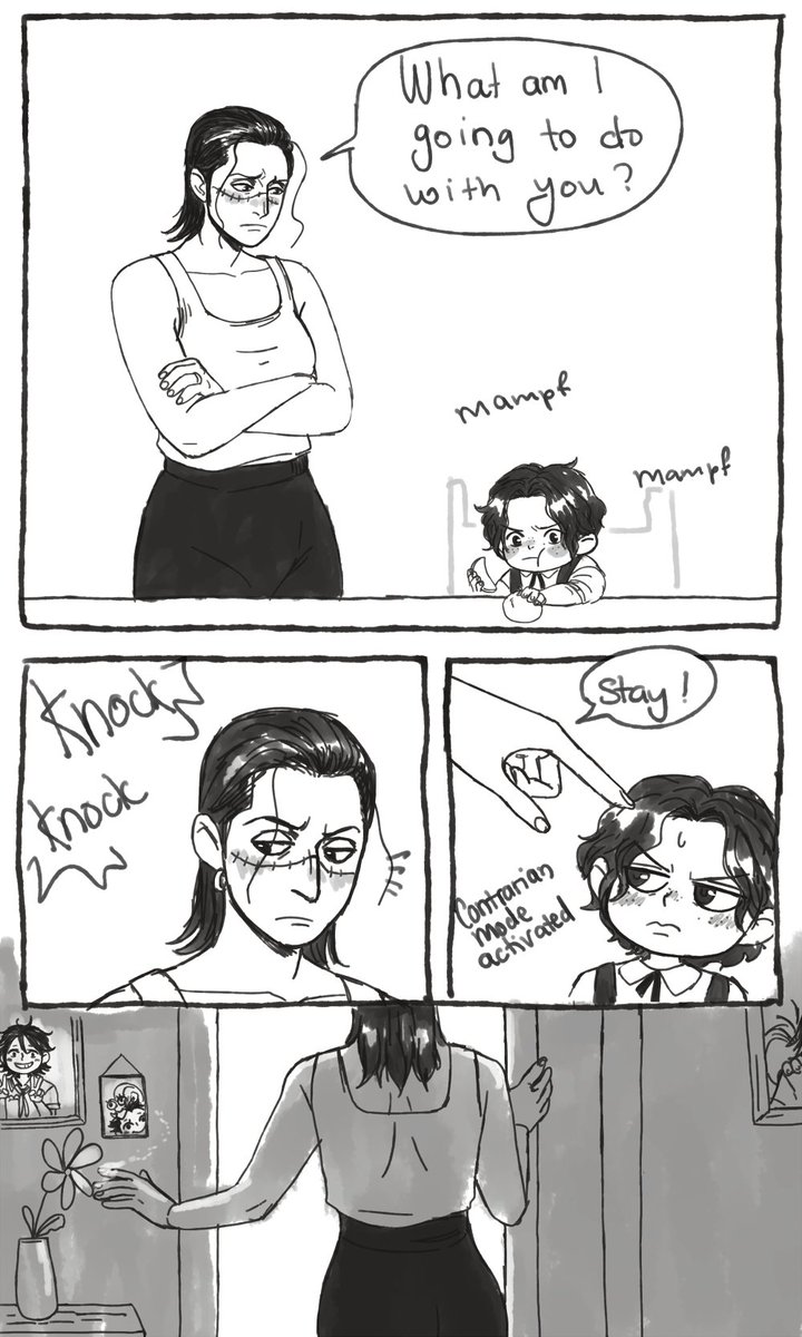 Diminuel's tweet image. Ace meets Luffy for the first time~

(Another stinky child AU comic, Crocodile is Luffy's parent and now Ace's too apparently. Dragon's also involved but he's off doing revolutionary business.)

[Parts 1 &amp;amp; 2 of 8, continued in thread]