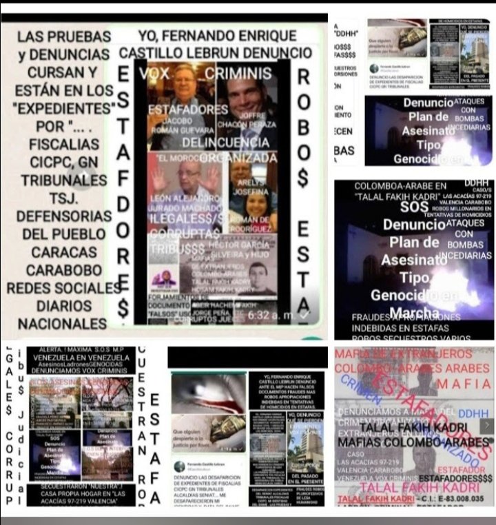 CastilloLebrun's tweet photo. BANDAS DELICTIVAS  CARABOBO FALCÓN LARA ARAGUA CARACAS ETC Y MAFIAS EXTRANJERAS TERRORISTAS DELITOS CONTRA MI PERSONA y LOS MIOS VIOLANDO DDHH y GARANTIAS  GRAVES DELITOS CONTRA LA HACIENDA PUBLICA LEGITIMACIÓN DE CAPITALES FINANCIAMIENTO AL TERRORISMO y TRAICION A LA PATRIA https://t.co/GjY57NBLg6