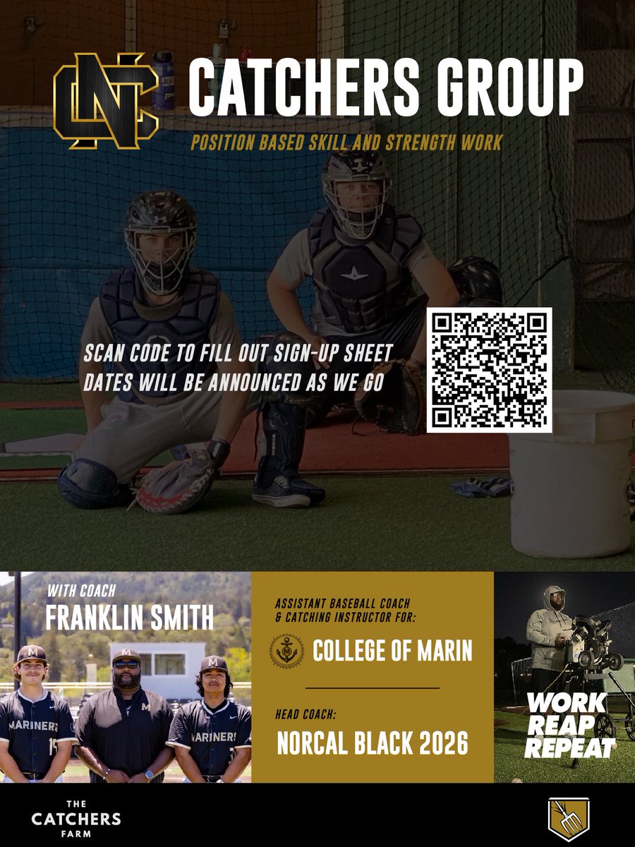 Let’s get this work! I’m going to be doing group catching lessons starting Monday. Would love to see some new faces. The goal is to create a competitive environment where guys can grow. Scan the code for more info and to sign up! <a href="/NorCalBlack/">Norcal Black</a> <a href="/NorCalU1/">NorCalU</a> #TheCatchersFarm #TheFarm