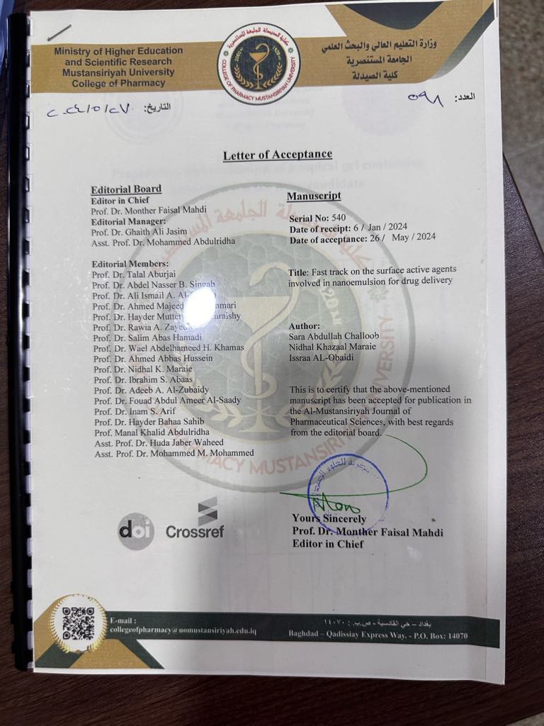 IssraaO's tweet photo. 😍Pleased that we have received approval to publish the scientific paper titled  “Fast track on the surface active agents involved in nanoemulsion for drug delivery" in the Iraqi scientific journal “Almustansiriyah Journal of Pharmaceutical Sciences" https://t.co/lPLGRhwVKa