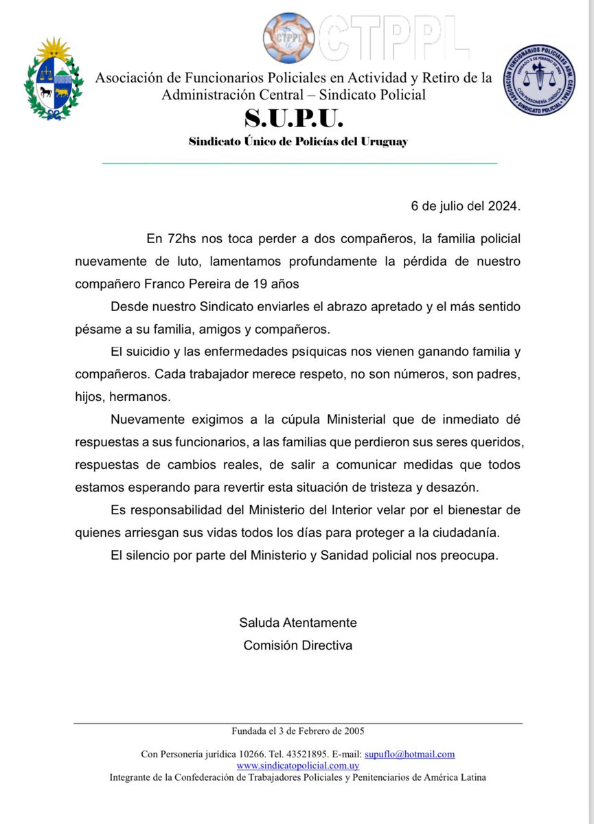 La familia policial nuevamente de luto, lamentamos profundamente la pérdida de nuestro compañero Franco Pereira.