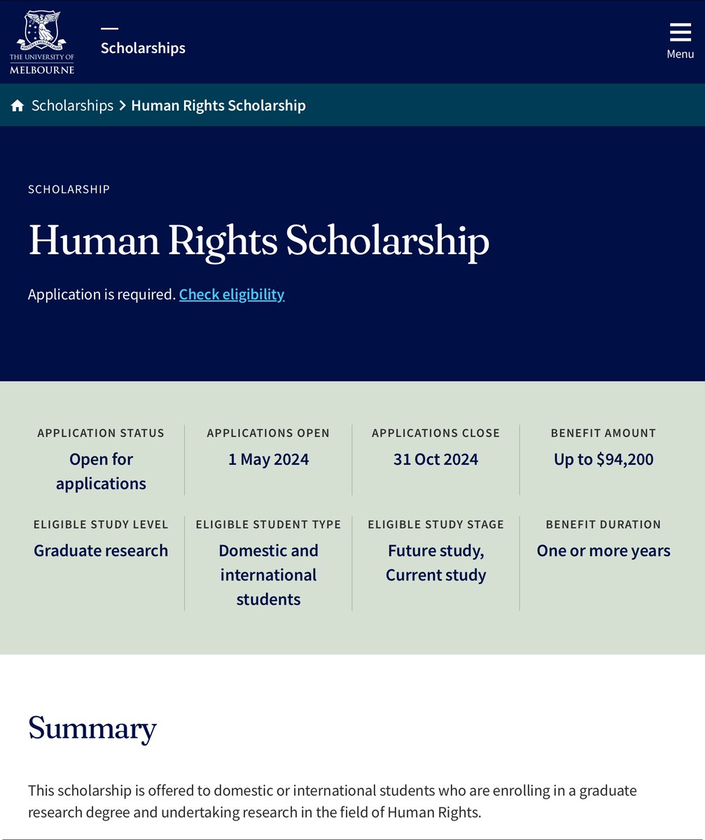 MOVE TO AUSTRALIA FOR FOR FREE FOR MASTERS AND PhD STUDENTS 

Uni of Melbourne Scholarship

Living allowance of $42,000 per year + Full fee offset + Relocation grant of $2,000 + Overseas Student Health Cover 

Deadline: October 31, 2024 

Want to work with me? DM for terms