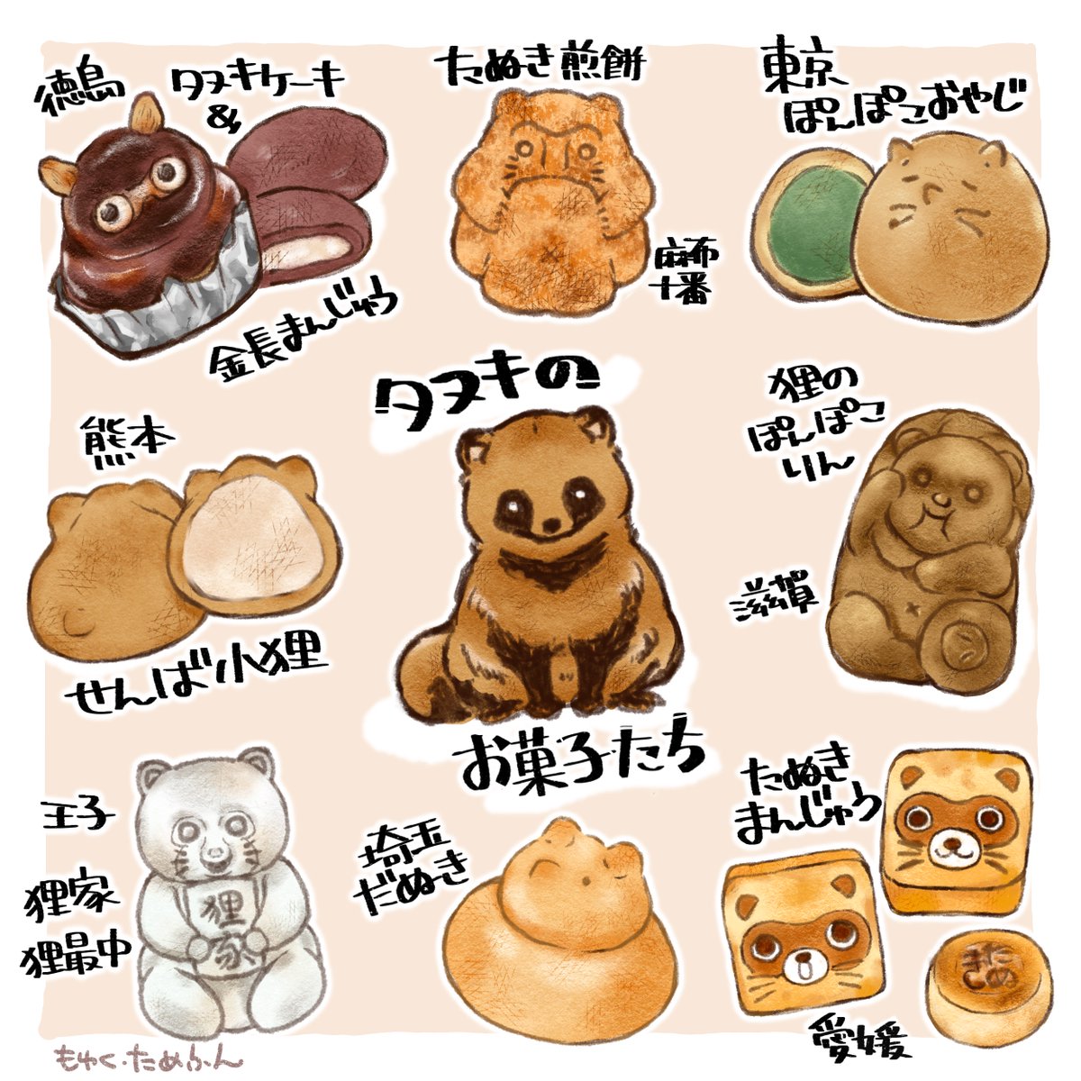 たぬきのお菓子たち。 #タヌキ #tanuki #お土産お菓子 #illustration