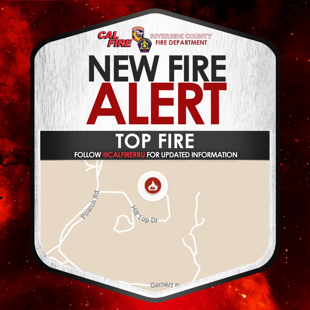 CALFIRERRU's tweet photo. VEGETATION FIRE - RPT at 4:31 p.m. - 20500 block of Hill Top Dr. in Riverside. Firefighters are on the scene of a 40 to 50-acre fire with a moderate rate of spread that threatens multiple structures.  @rivcafire is assisting.

#TopIC @RivCoNow https://t.co/FLvdGGIvwY