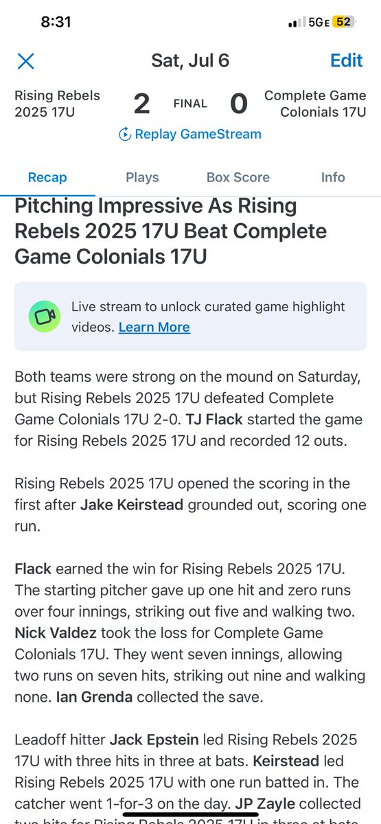 CoachMatyas's tweet photo. Great game for the 2025 @njrisingrebels with the 2-0 shutout win over CG Colonials. @tj_flack with 4 innings of 1 hit baseball &amp; Ian Grenda with the 3 inning save. #compete #playfast #uncommitted https://t.co/nY0gSsD5sa