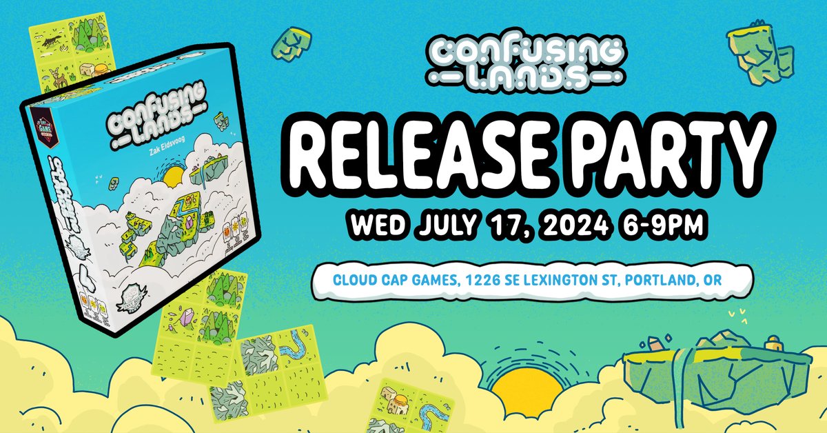 ZakMakesGames's tweet photo. Attention Portland, OR friends! I'm doing a little release event for my board game, Confusing Lands on July 17th at Cloud Cap Games in Sellwood. I'll be there from 6-9 pm demoing so come play a round or two and say hi if you're local! https://t.co/C6zUVl0FR6