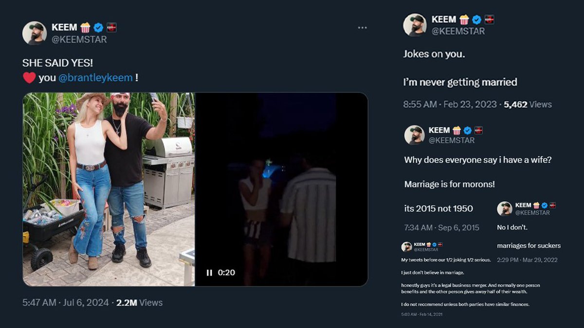 Keemstar got engaged with Brantley before AugieRFC came back. Keemstar has previously stated that he was not interested in getting married.