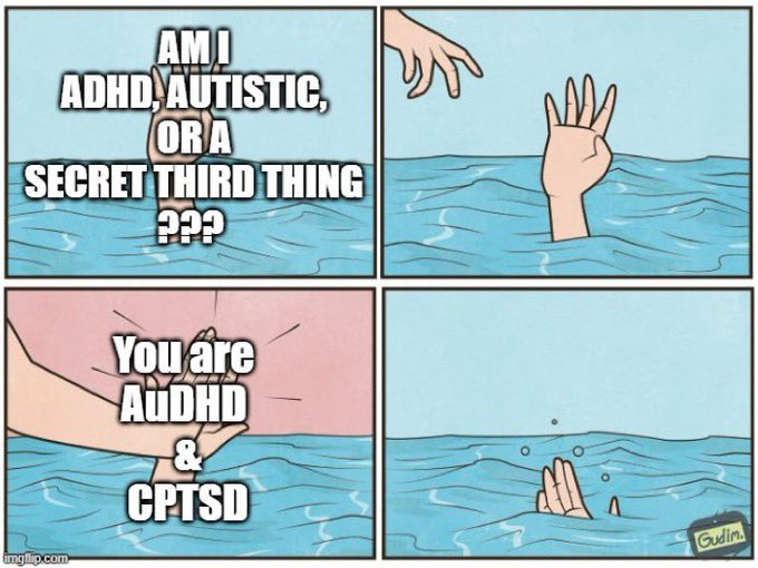 The drowning hand high five meme
Box 1: Am I ADHD, Autistic, or a secret third thing ???
Box 2:
Box 3: You are AuDHD & CPTSD
Box 4: