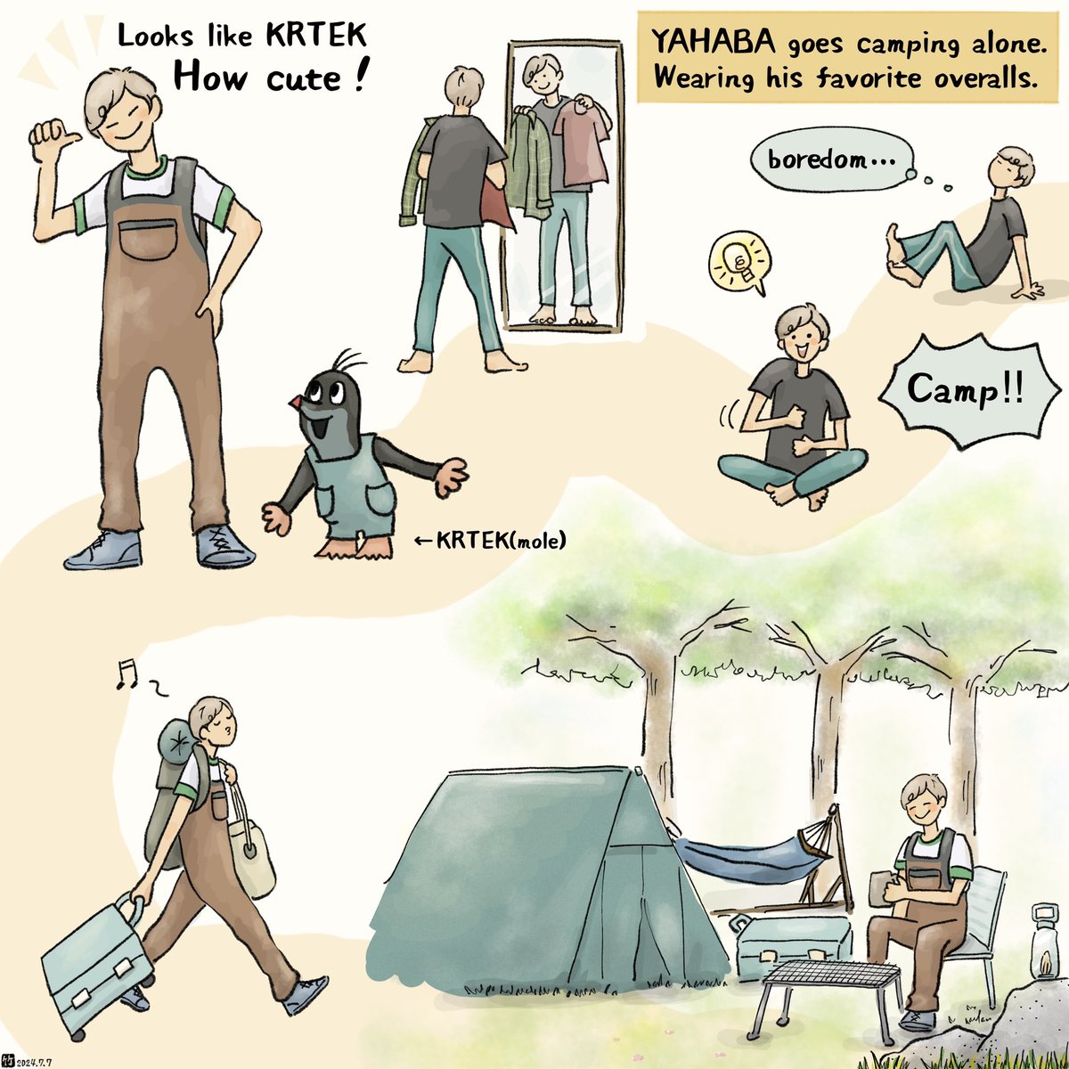 お気に入りのオーバーオールを着てソロキャンプに出かけるヤハバ🏕️