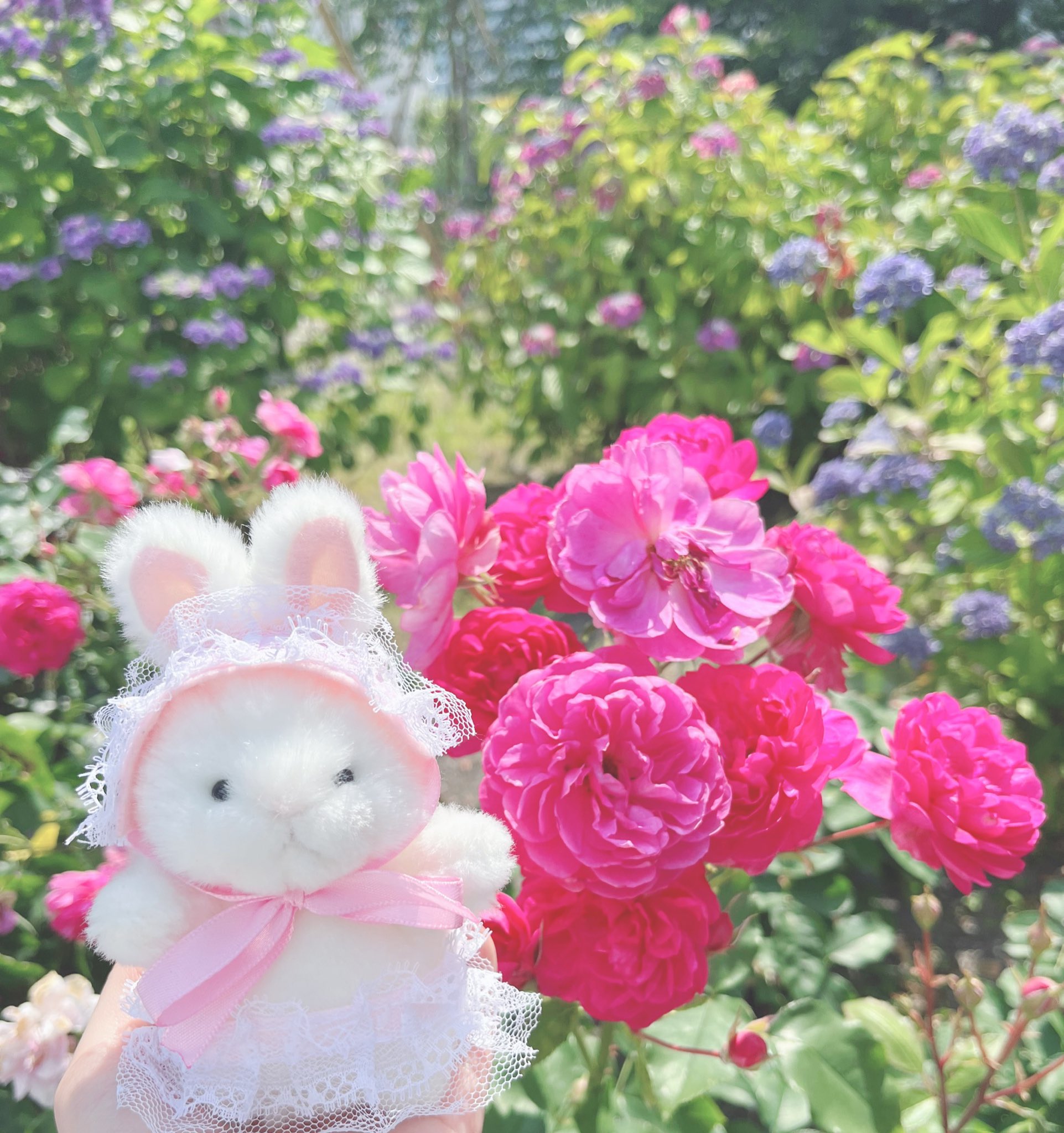 ハンドメイド❣️うさぎちゃんの小鳥のさえずり、薔薇フラワーアレジ❁⃘*.゜ ハンドメイド❣️うさぎちゃんの小鳥のさえずり、薔薇フラワーアレジ