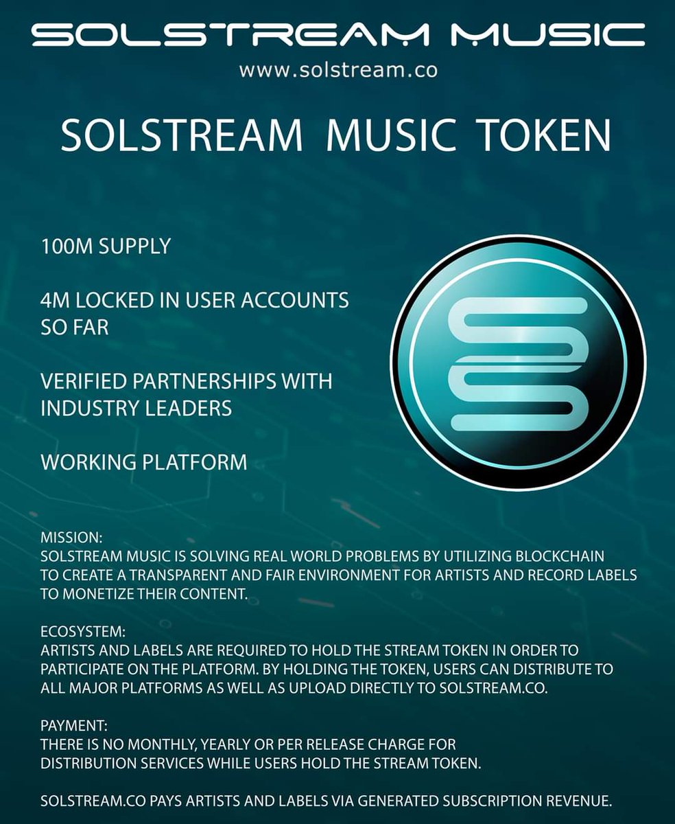 hcmftx's tweet photo. @OffsetYRN @SolStream_Music 
It's a utility token on Solana for a music distribution and streaming platform that has almost 1500 artists signed up so far. Still very early. https://t.co/trtTjU8RY6