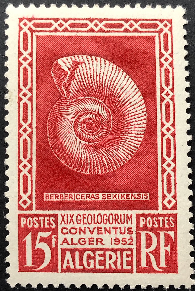 EngravedStamps's tweet image. Today’s #EngravedBeauty features a fossilized ammonite on a stamp commemorating the 19th International Geological Congress in Algiers, 1952. I’ve always had a fascination for fossils, and from what I’ve read, this is the first stamp ever to feature a fossil.
