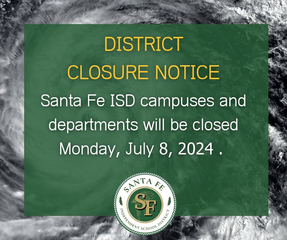 Due to potential weather threats from Tropical Storm Beryl, SFISD will experience a district closure on Monday, July 8, 2024. 
All camps and district events will be canceled as well. 
Please continue to monitor the district website and social media accounts for updates.