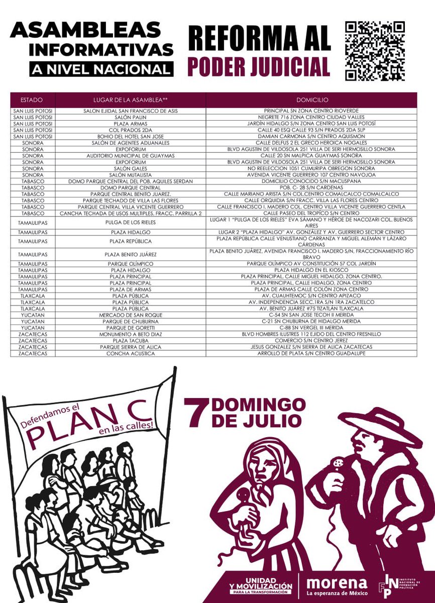 infpmorena's tweet photo. 📣 ASAMBLEAS INFORMATIVAS “Reforma al Poder Judicial” 
Domingo 7 de julio  

Este movimiento que representa a millones de mexicanos y mexicanas comprometidos con el segundo piso de la cuarta transmisión (porque estamos convencidos que eso implica una mejor vida para las mayorías), no para.

Es por eso que con organización, información y formación estamos demostrando en el territorio que somos el pueblo más politizado del mundo. 

Este domingo 7 de junio estaremos en cientos de plazas públicas discutiendo y analizando entre o todos, todas y todes la reforma al Poder Judicial.

1/2