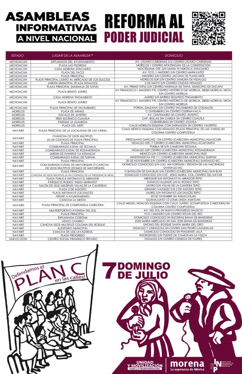 infpmorena's tweet photo. 📣 ASAMBLEAS INFORMATIVAS “Reforma al Poder Judicial” 
Domingo 7 de julio  

Este movimiento que representa a millones de mexicanos y mexicanas comprometidos con el segundo piso de la cuarta transmisión (porque estamos convencidos que eso implica una mejor vida para las mayorías), no para.

Es por eso que con organización, información y formación estamos demostrando en el territorio que somos el pueblo más politizado del mundo. 

Este domingo 7 de junio estaremos en cientos de plazas públicas discutiendo y analizando entre o todos, todas y todes la reforma al Poder Judicial.

1/2