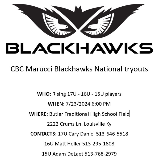 17UNatBLKHawks's tweet photo. 2025 CBC Marucci Blackhawks 15U - 17U Tryout Announcement (Louisville) @PrepbaseballKY @PrepBaseballOH @PrepBaseballIN @CBCMarucci https://t.co/4FmDyt9fll
