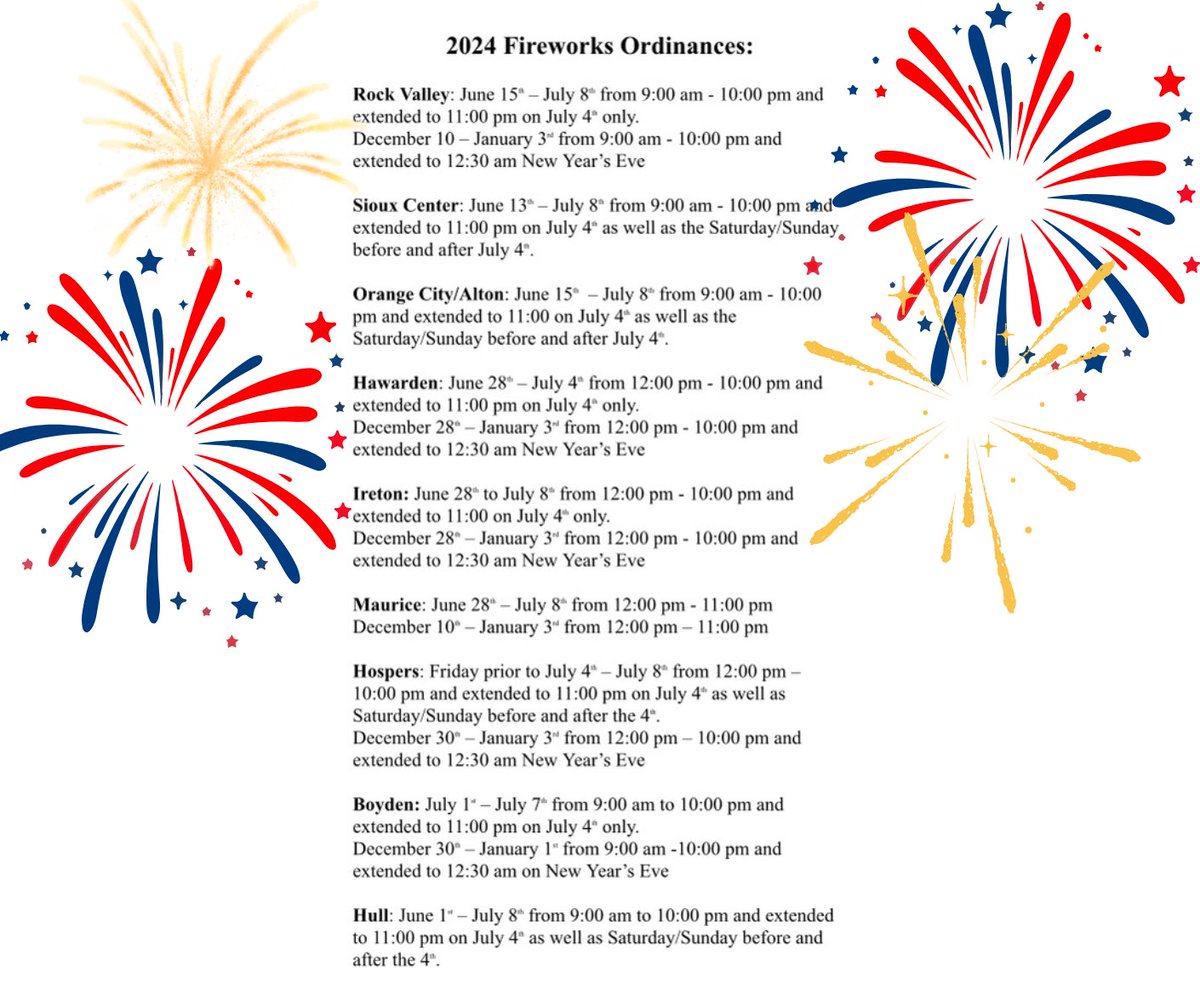 siouxcosheriff's tweet photo. Here is our yearly 2024 Fireworks Ordinances post; please note stop times to be respectful to your neighbors, children, elderly folks and pets.
#SiouxCountySheriff
#FireworksRules https://t.co/2OVv5oG3Xq