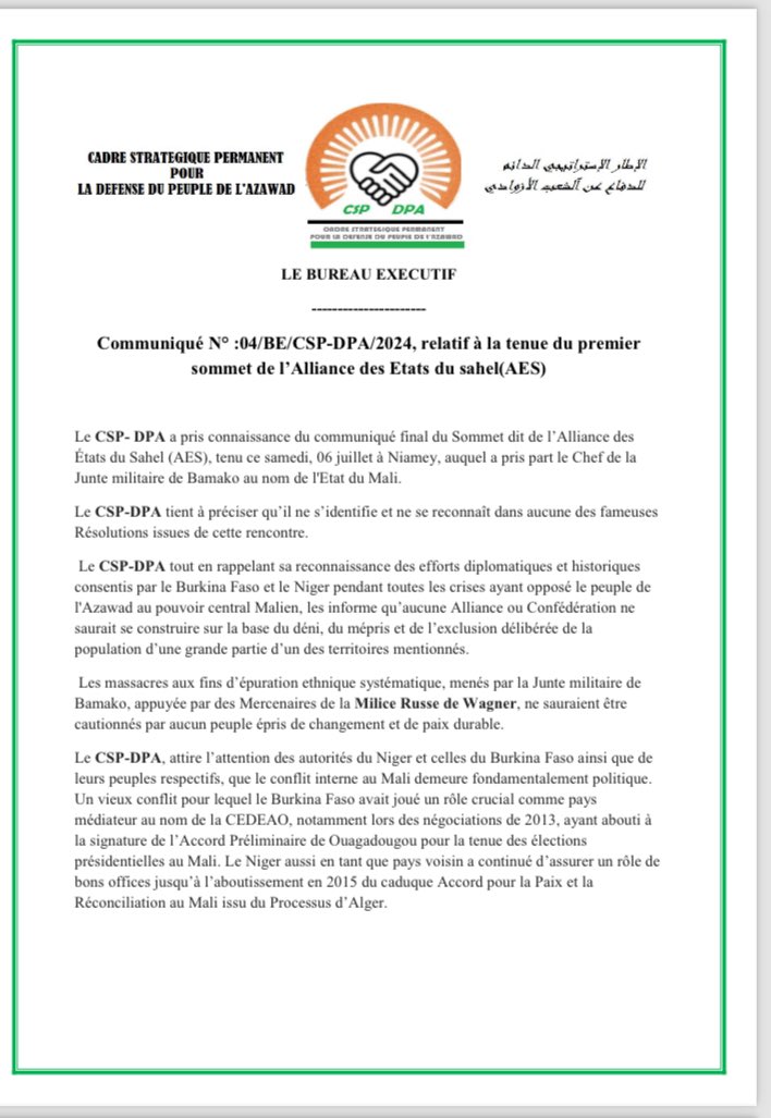 MohmedRAMADANE's tweet photo. Communiqué N° :04/BE/CSP-DPA/2024, relatif à la tenue du premier
sommet de l’Alliance des Etats du sahel(AES) https://t.co/gvvDsGEdcA