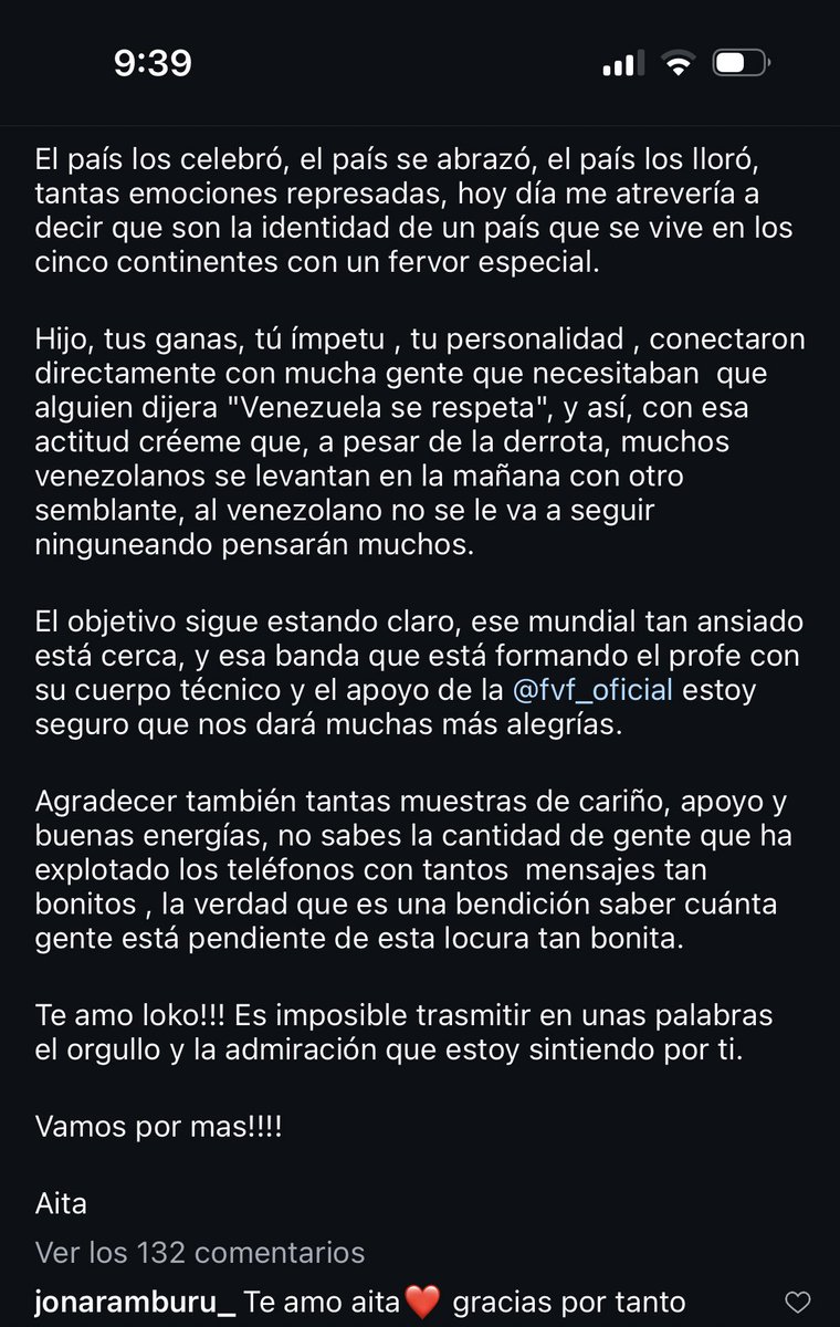 angelriveromkt's tweet image. El mensaje del padre de Jon Aramburu explica a la perfección todo lo que estamos sintiendo, y todo lo que fue esta Copa América para nosotros. En 3 partidos vivimos un siglo de emociones y reencuentros.

La Vinotinto fue nuestro encuentro con la venezolanidad.