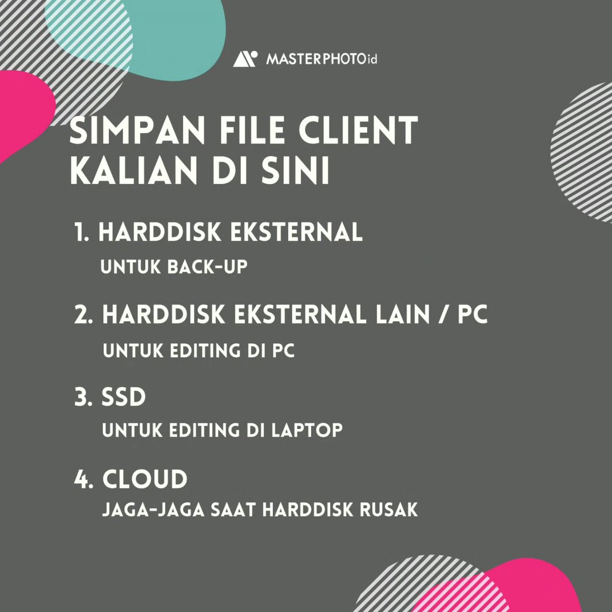 masterphotoid's tweet photo. Foto-foto klien harap disimpan yang benar ya. Jangan disepelekan apalagi disalahgunakan. Karena kamu Fotografer (atau Videografer) 😎

#backup #photographerlife #masterphotoid https://t.co/KexxaMjt7L
